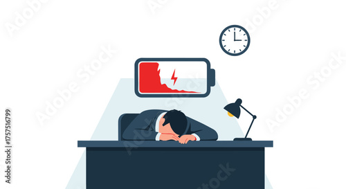 Businessman Exhausted at Desk Low Battery Symbol Clock Lamp Work Overload