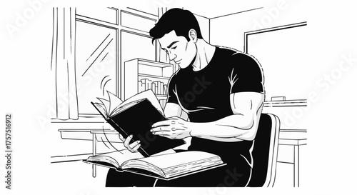 A muscular man sits in a room reading a book with focused attention, appearing to flip through the pages.
