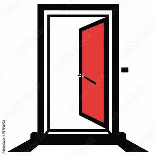 Open red door with black border, minimalist handle and threshold vector design
