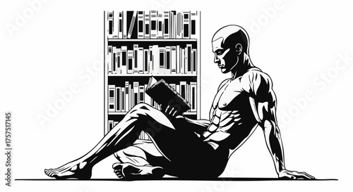A muscular, bald man sits reading a book in front of a bookshelf filled with books, rendered in black and white.