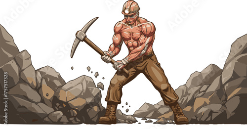 Muscular miner vigorously swinging a pickaxe, breaking apart rocks in a rugged, rocky environment.