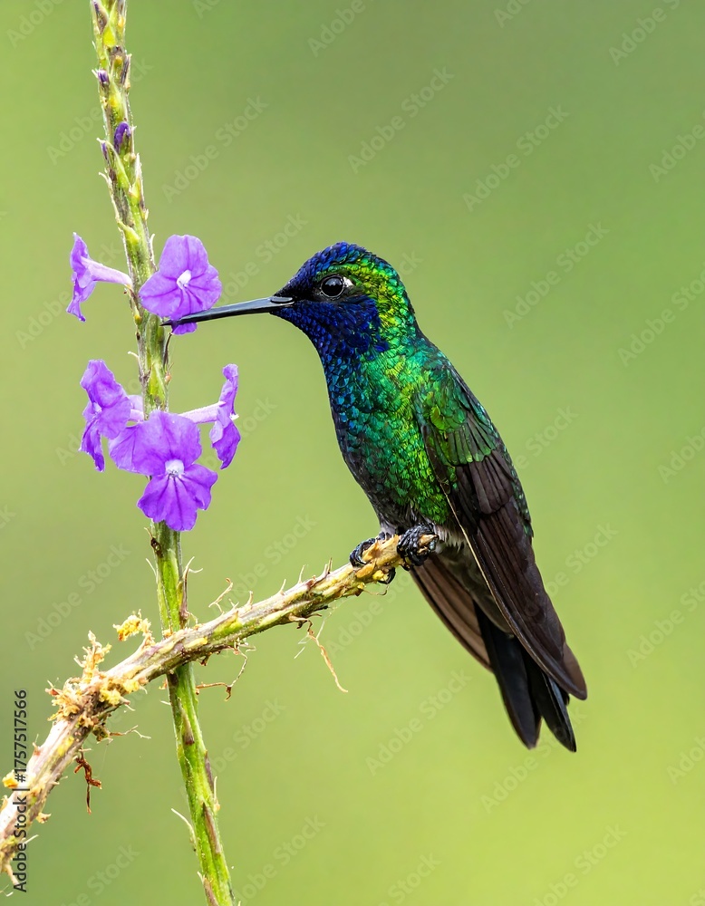 Fototapeta premium A vibrant hummingbird with iridescent plumage perches delicately on a branch beside beautiful purple flowers. The background is out of focus