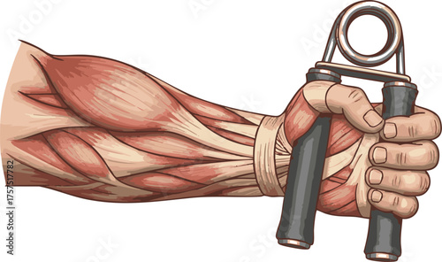 Anatomical illustration of a human forearm and hand gripping a hand exerciser, revealing muscle structure and tendons.