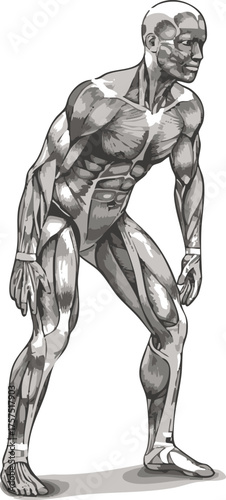 Detailed anatomical illustration of a male figure showcasing musculature and skeletal structure in a dynamic pose.