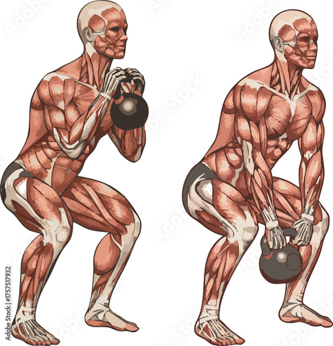 Anatomical illustration of a human figure performing a kettlebell squat exercise, showcasing muscle engagement during the movement.