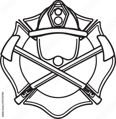 Fire Brigade Emblem Firefighter Symbol Hand-drawn Sketch Drawing Vector Illustration, Line Linear Symbol Engraving Coloring Book, Black and White Isolated