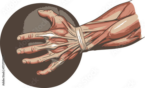 Anatomical illustration of a human hand and forearm showcasing the intricate network of muscles, tendons, and bones, with a dark circular element behind it.