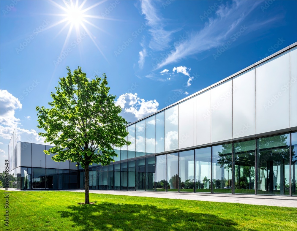 Obraz premium Sustainable glass office building with tree for reducing heat and carbon dioxide