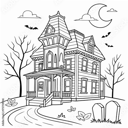 Haunted House and Cemetery Coloring Page, Black and white line art illustration of a spooky haunted house with creepy trees, flying ghosts, and a graveyard in the foreground.