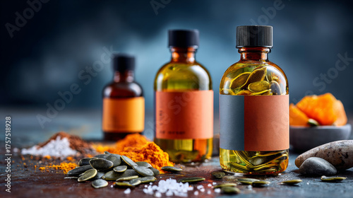A bottle of oil with a label, surrounded by pumpkin seeds and spices on a dark surface