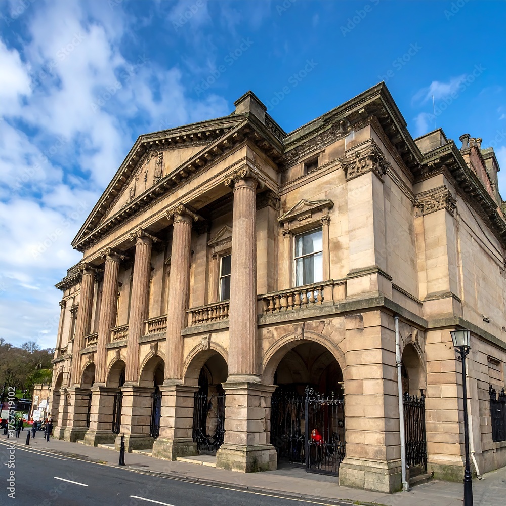 Fototapeta premium Classical stone building with columns and arches, blue sky background