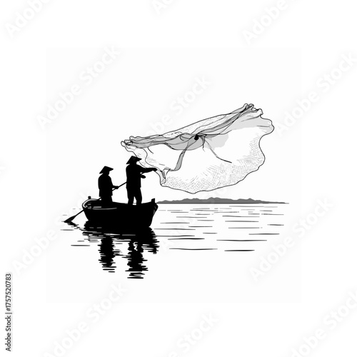 A detailed vintage-style illustration depicting two men in a small boat on a serene body of water, actively engaged in the traditional practice of casting a fishing net for their catch