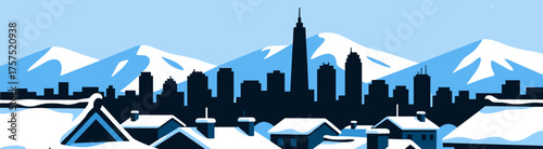 Seoul skyline with snowy rooftops and mountains in vector style