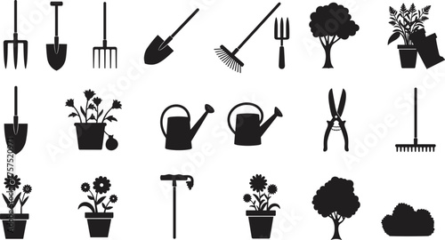 Garden tools and plants icons set, gardening equipment, flower pots, watering can, rake, shovel, outdoor work and farming illustration