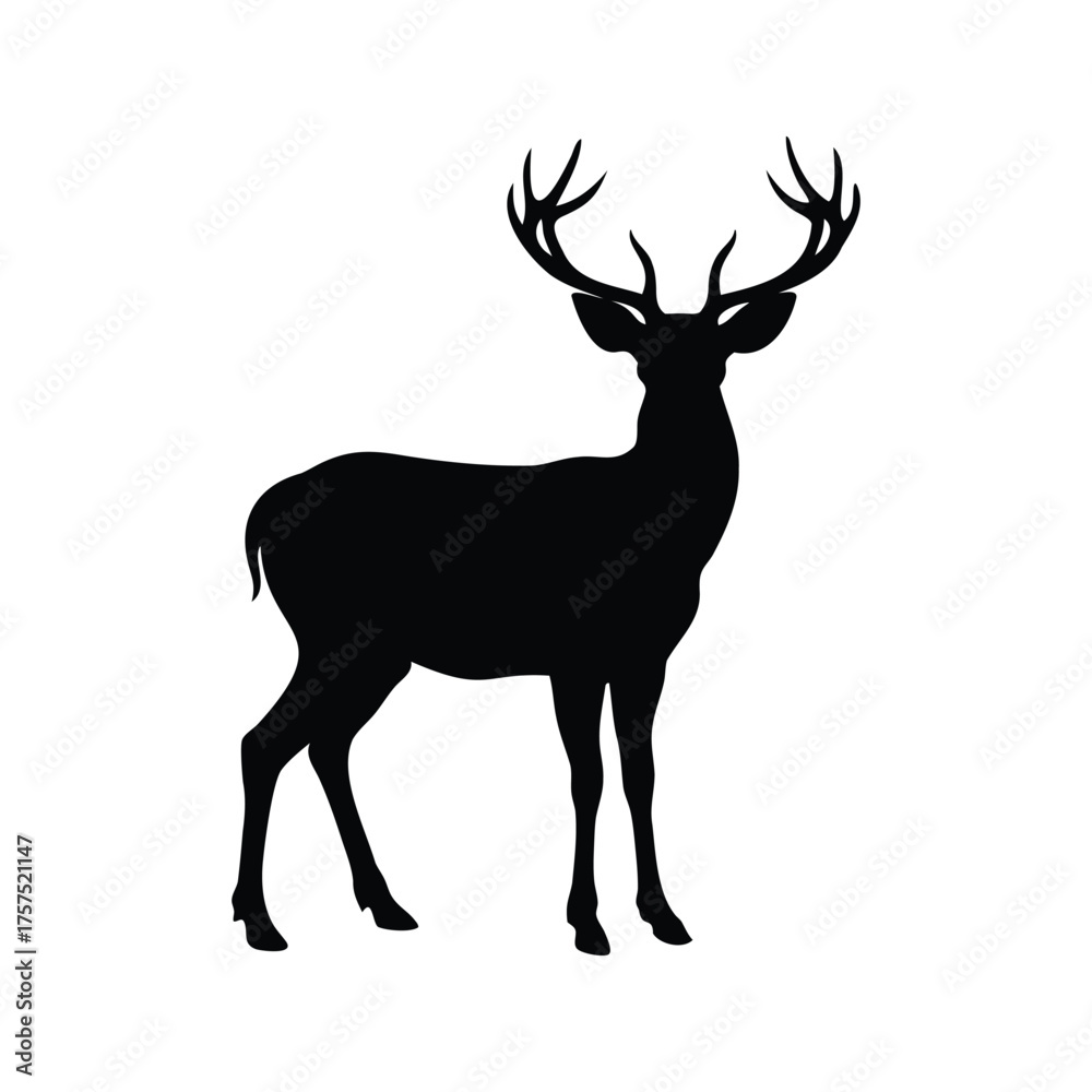 Obraz premium Elegant Silhouette of a Majestic Stag with Impressive Antlers Standing Proudly, deer in forest stance silhouette vector illustration