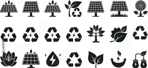 Renewable energy and eco sustainability icons, solar panel, recycling, green energy, environmental protection, nature power, clean technology vector illustration
