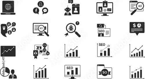 SEO analytics icons, digital marketing, search engine optimization, data analysis, web traffic, online business, ranking growth, content strategy, internet advertising, and performance tracking