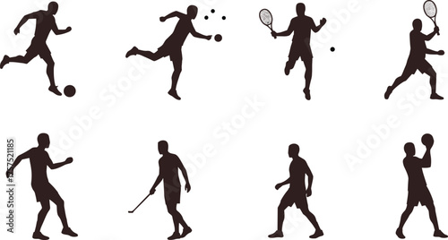 Sports player silhouettes, football, tennis, basketball, hockey, athlete action poses, fitness movement, physical activity, exercise icons, sportsman vector illustration