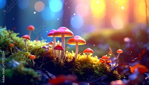 Fototapeta Naklejka Na Ścianę i Meble -  A forest scene featuring colorful mushrooms, moss, and glowing light