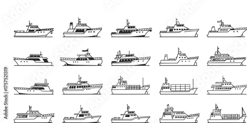 Yacht and ship silhouette icon set, cruise boat, cargo vessel, marine transport illustration, sailing and fishing boat collection vector