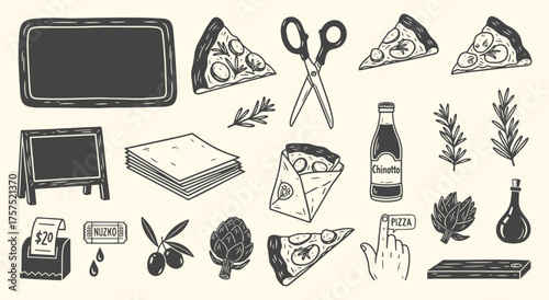 Pizza al Taglio. Italian. A vintage hand drawn vector illustration set in a woodcut style of a Roman-style pizzeria for a menu, a restaurant's branding, or a food festival poster.