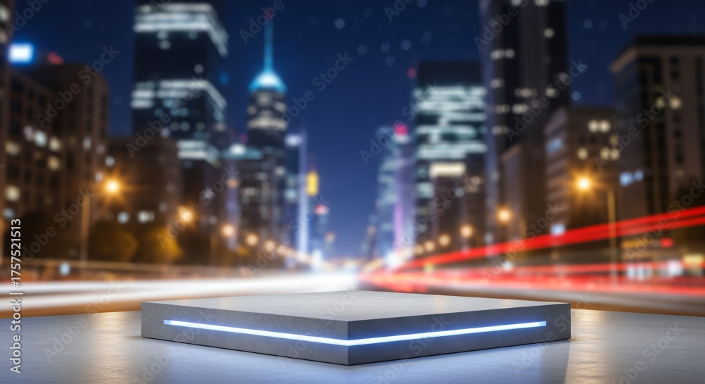 Obraz premium Product display podium stand in city at night for marketing and advertising