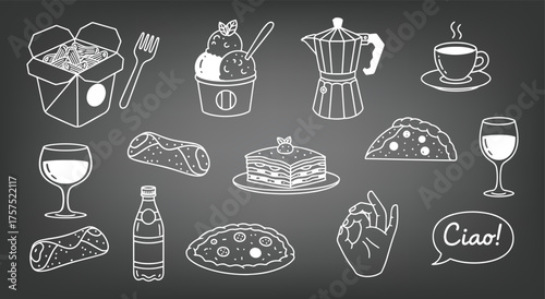 Chalkboard. Italian Food. A hand drawn chalk vector set of classic Italian food for a restaurant menu, a pizzeria's branding, a food truck sign, or a promotional social media graphic.