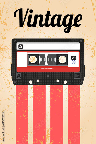 Vintage Cassette Illustration with Retro Stripes and Grunge Texture