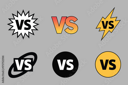 Set of 6 versus battle match logos with vs text, including starburst, lightning, and circular icons, perfect for gaming, esports, sports interfaces, and competitive event designs