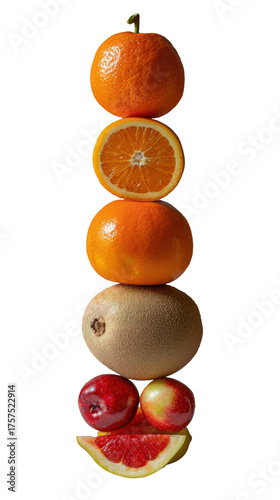 fruit balancing, stacking, neutral background, mindfulness, fruitcore, empty space on the right
