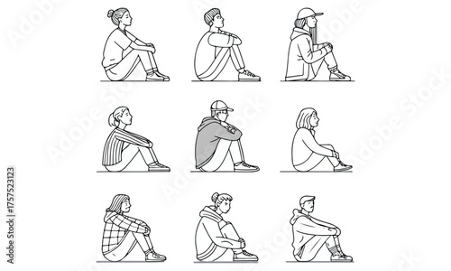 Architectural People Walking and Sitting Vector Set | Line Art & Silhouette Figures for Design