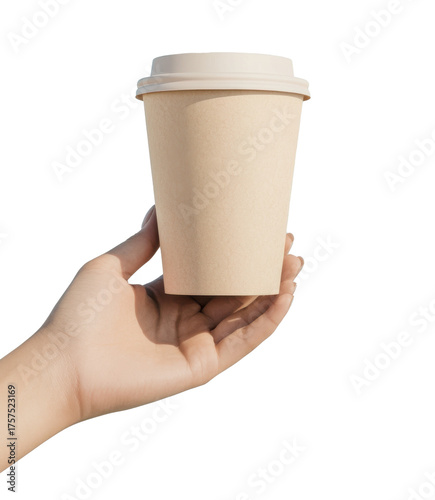 Hand holding a coffee cup on a white background showcasing simple elegance in beverage enjoyment