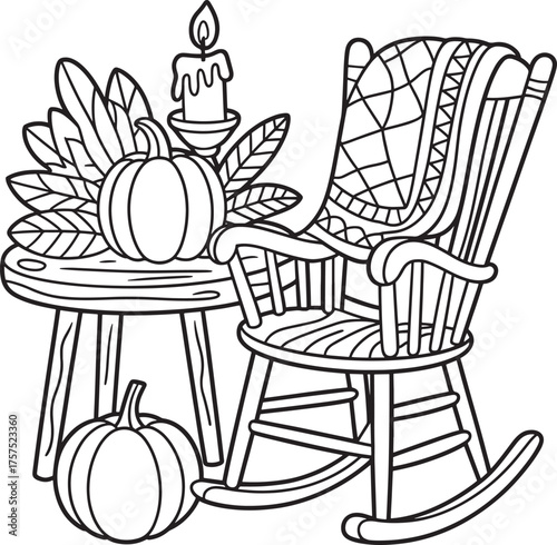 Cozy autumn scene with pumpkins rocking chair and candle line art vector illustration line art royalty free stock photos premium quality