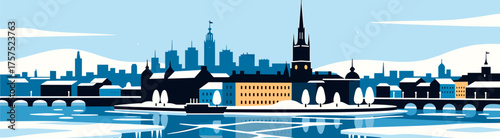 Stockholm cityscape illustration with icy waterfront