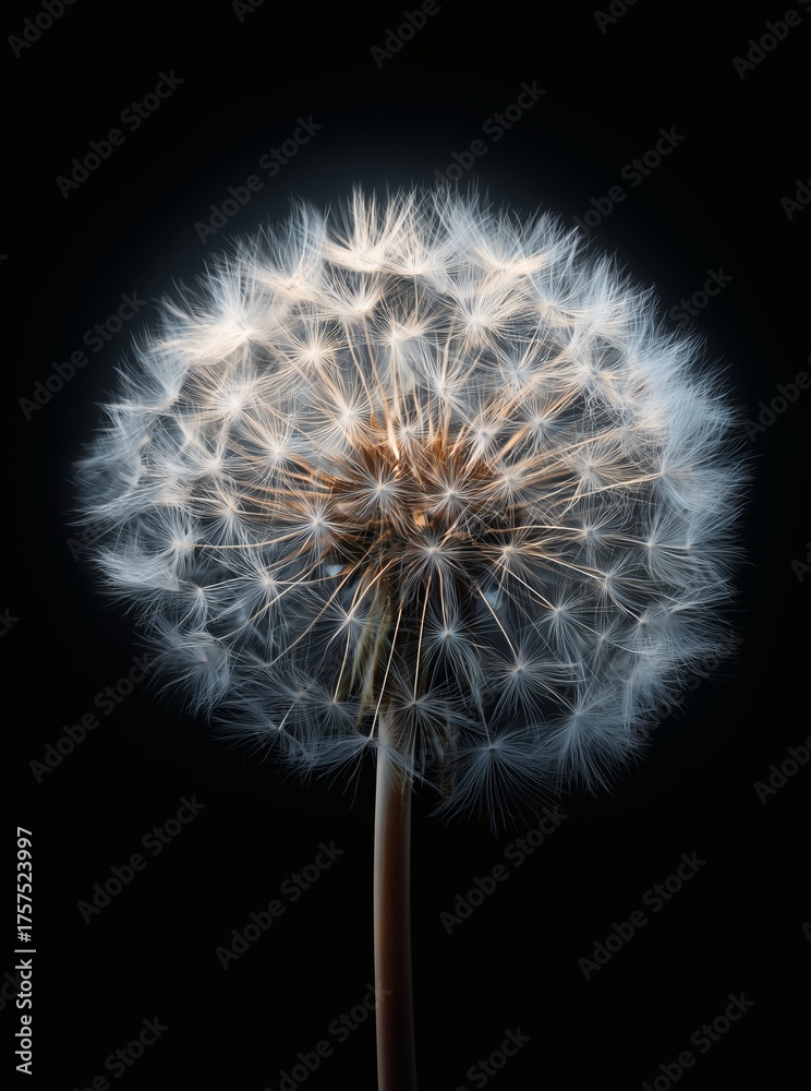 Fototapeta premium Elegant dandelion flower with soft white seeds on black background - luxury minimal floral close-up for beauty, decor, and design projects