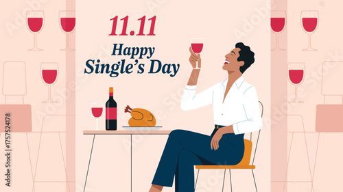 Happy Singles Day 11.11 Celebration Illustration with Solo Toast, Wine, and Festive Dinner Table in Warm, Cheerful Atmosphere 