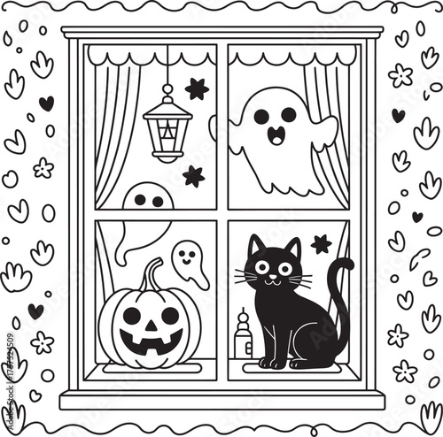 Cozy halloween window scene with pumpkin ghost cat and lantern line art royalty free