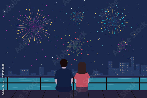 Fireworks in the city. A loving couple watches fireworks over a modern city while sitting on the embankment. Cityscape with fireworks over buildings, vector illustration.