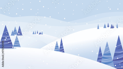 Winter landscape in snowy weather. Winter forest scene with mountains, hills, and snow in the background. Vector illustration of winter nature for Christmas design. Hiking concept.