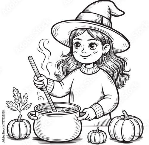 Cute witch girl in cozy sweater stirring potion surrounded by pumpkins line art royalty free