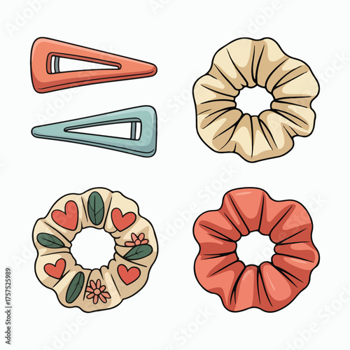 Cute Hairpins and Scrunchies Vector Icons