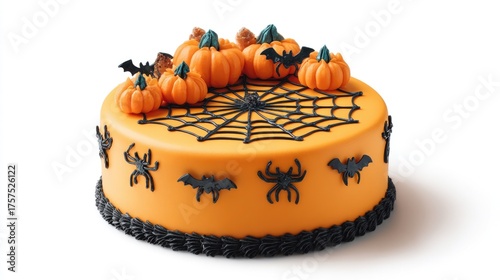 Halloween pumpkin cake with spiders and bats decoration