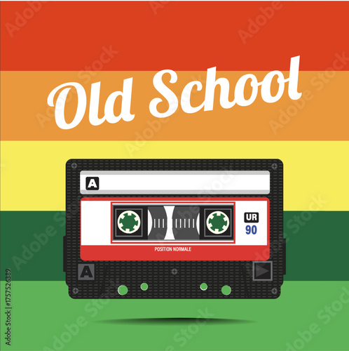 Vintage cassette tape with old school text on retro gradient background