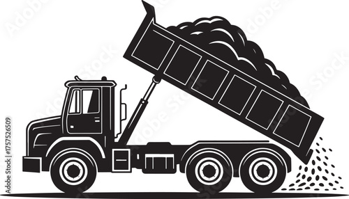 Heavy duty dump truck lifting soil construction site work vehicle illustration art royalty free premium quality