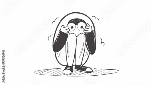 A cartoon illustration of a character overwhelmed by fear and anxiety, crouching and trembling with wide, worried eyes, expressing deep apprehension and shyness