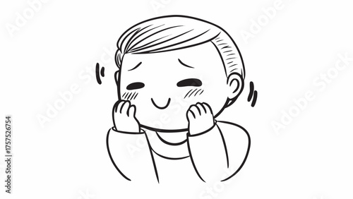 Cute shy person with rosy cheeks, hands on cheeks, blushing cartoon illustration