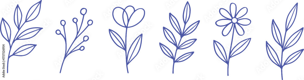 Obraz premium Blue line art floral elements on white background flower leaf