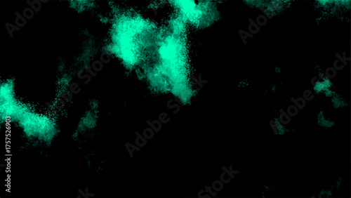 Abstract dark background with vivid turquoise green powder cloud spreading in the air. Soft smoky mist texture with gradient lighting and artistic digital particle dispersion effect.