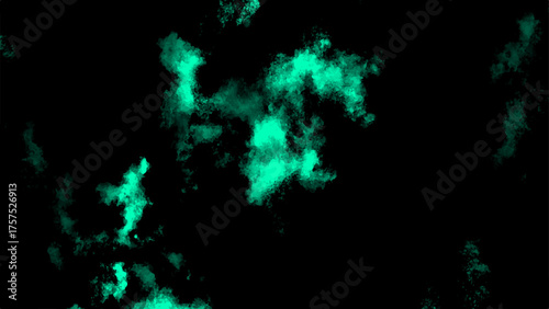 Abstract dark background with vivid turquoise green powder cloud spreading in the air. Soft smoky mist texture with gradient lighting and artistic digital particle dispersion effect.