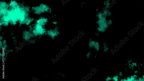 Abstract dark background with vivid turquoise green powder cloud spreading in the air. Soft smoky mist texture with gradient lighting and artistic digital particle dispersion effect.